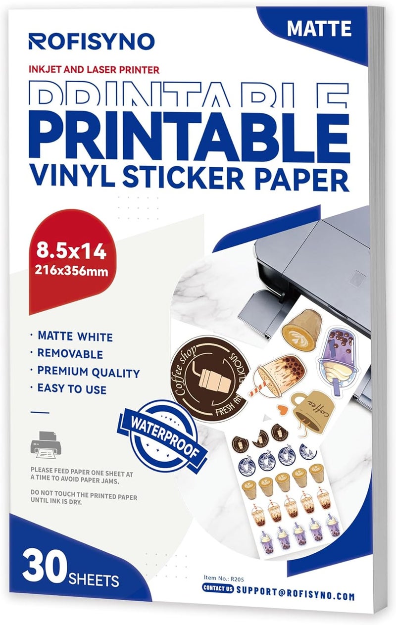 ROFISYNO 8.5x14 Printable Vinyl Sticker Paper Waterproof, Removable Self Adhesive Vinyl Sticker Sheets for Inkjet and Laser printer, 30 Pack, Legal Size, Matte White - Image 1